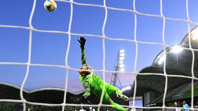 Victory goalkeeper Lawrence Thomas fails to stop a goal from Daegu FC’s Cesinha at AAMI Park last night