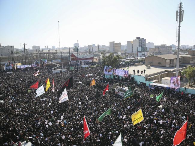 Mourners at the funeral Qassem Soleimani and his comrades in the southwestern city of Ahvaz, Iran. Picture: AP