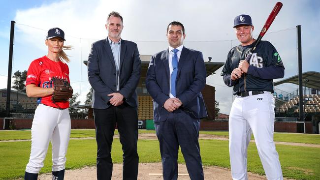 Adelaide Giants’ Alice Prokopec, Adelaide Crows chief executive Tim Silvers, Pelligra chairman Ross Pelligra and Adelaide Giants’ Jordan McArdle at West Beach. Picture: Sarah Reed