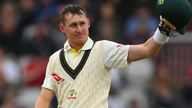 Marnus Labuschagne celebrates his century. Photo by Clive Mason/Getty Images.