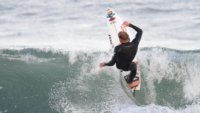 Mick Fanning carves it up at the 2018 Rip Curl Pro at Bells Beach. Picture: Jason Sammon