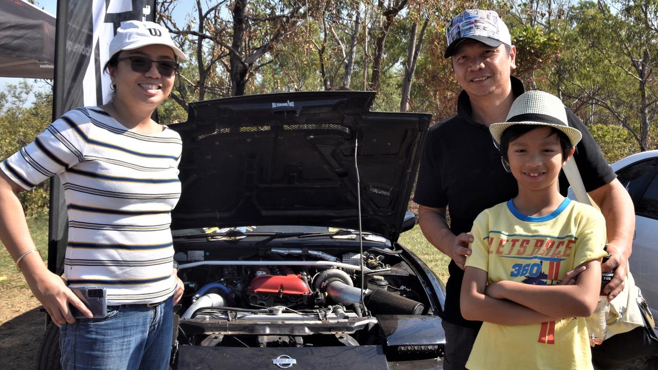 Haidee Mandap, Thomas Espiritu, 8, and Jefferson Espiritu at the 2023 Darwin Supercars. Picture: Fia Walsh