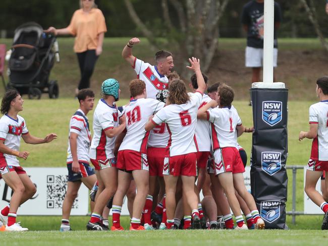 The Monaro Colts celebrate a try. Picture: Sue Graham. Andrew Johns Cup round one, Central Coast Roosters vs Monaro Colts at Morry Breen Oval, 3 February 2024