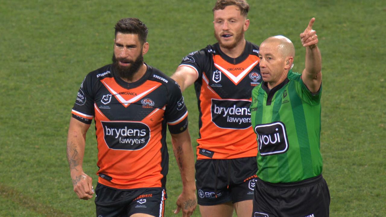 Wests Tigers captain James Tamou is sent off.
