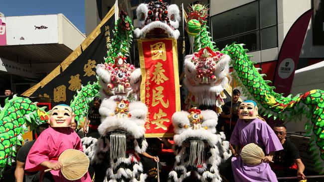 Lion dancers at Box Hill's Chinese New Year Festival in 2019. Picture: Hamish Blair