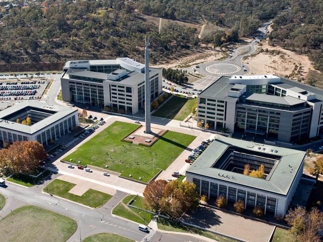 Aerial view of the Defence Department Buildings (Russell Offices Hill) in Canberra with the Eagel octagonal spire. Supplied by the Defence Department.