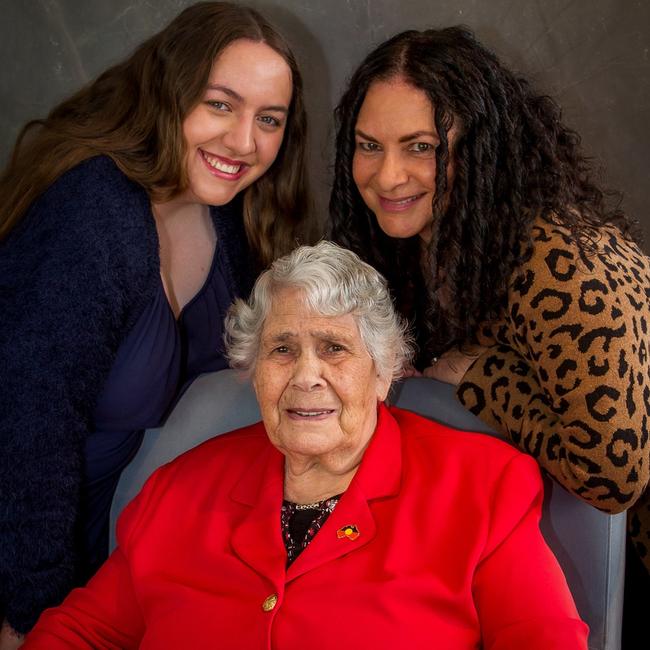 Dr Lowitja O’Donoghue (centre), with her niece Deb Edwards (right) and granddaughter Ruby Edwards. Picture: Leanne King