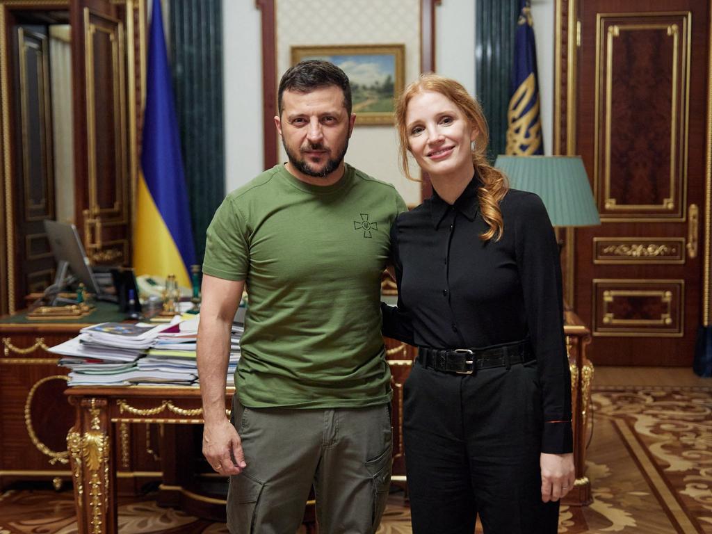 Ukrainian President Volodymyr Zelensky with actress Jessica Chastain. Picture: AFP