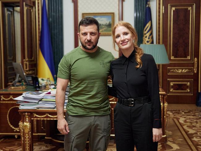 Ukrainian President Volodymyr Zelensky with actress Jessica Chastain. Picture: AFP
