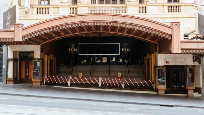 Melbourne’s Regent Theatre in mid-lockdown. The theatre has reopened but the live entertainment industry remains vulnerable, operators say. Picture: Chris Putnam/Barcroft Media via Getty Images