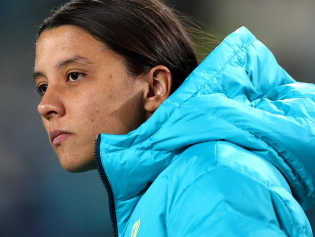 SYDNEY, AUSTRALIA - JULY 20: Sam Kerr of Australia looks on prior to the FIFA Women's World Cup Australia & New Zealand 2023 Group B match between Australia and Ireland at Stadium Australia on July 20, 2023 in Sydney / Gadigal , Australia. (Photo by Cameron Spencer/Getty Images)