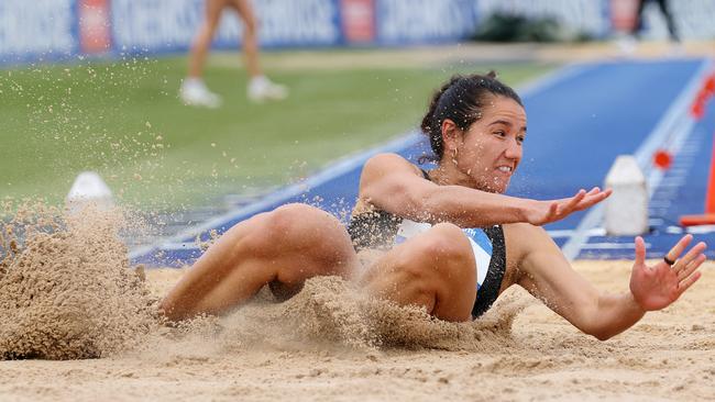 Tori West of Queensland competing in the Long Jump during the 2024 Australian Athletics Championships at SA Athletics Stadium on April 12, 2024 in Adelaide, Australia. (Photo by Sarah Reed/Getty Images)