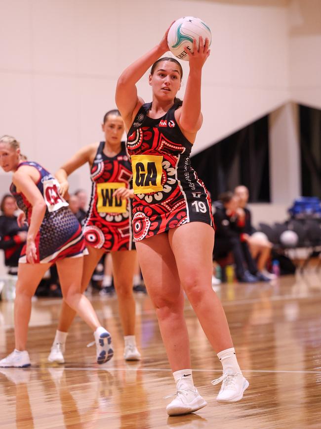 Southern Saints shooter Rahni Samason in action during the 2025 Victorian Netball League (VNL) season. Picture: Grant Treeby/Netball Victoria.