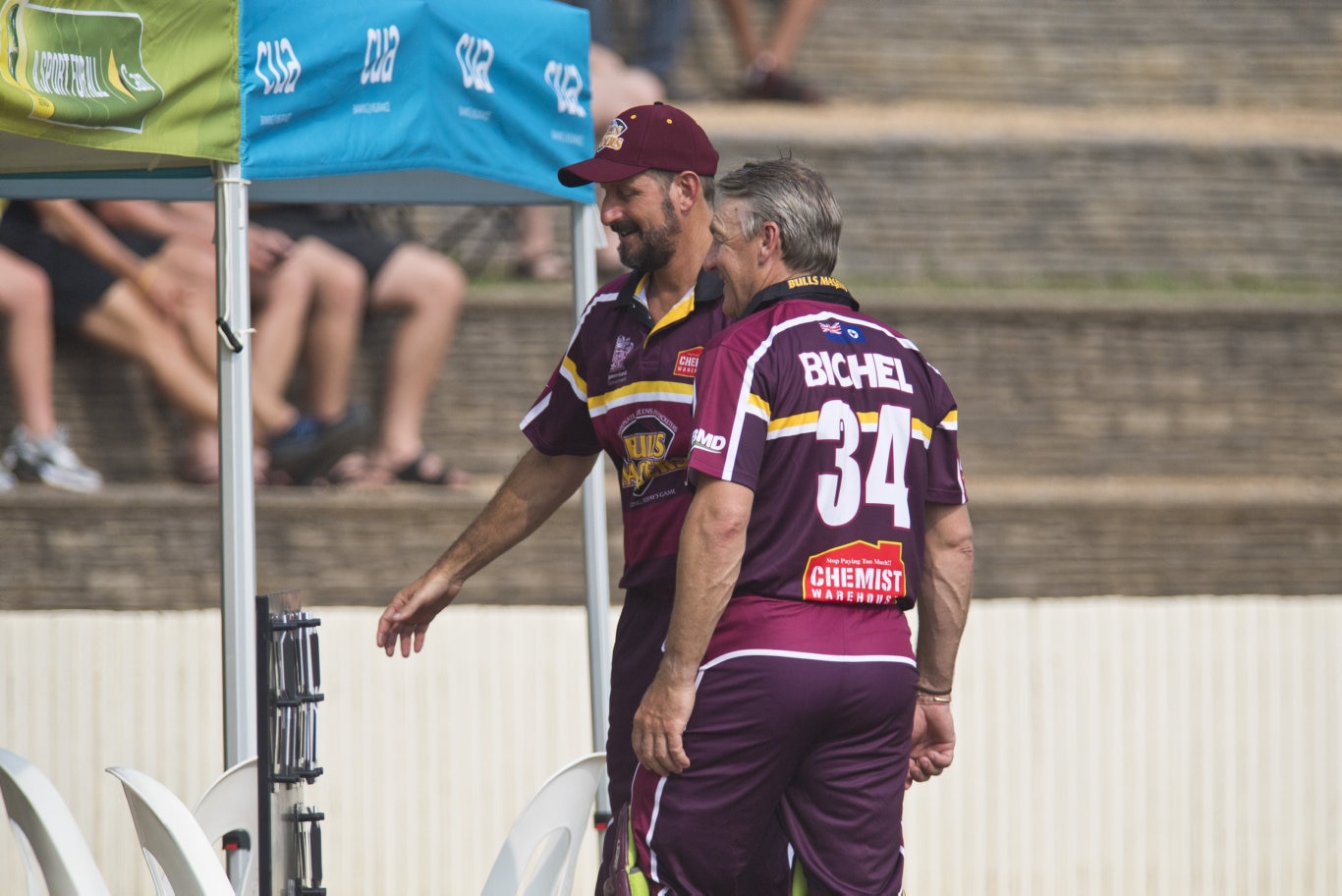 Bulls Masters players including Michael Kasprowicz and Andy Bichel during the game against the Australian Country XI in Australian Country Cricket Championships exhibition match at Heritage Oval, Sunday, January 5, 2020. Picture: Kevin Farmer