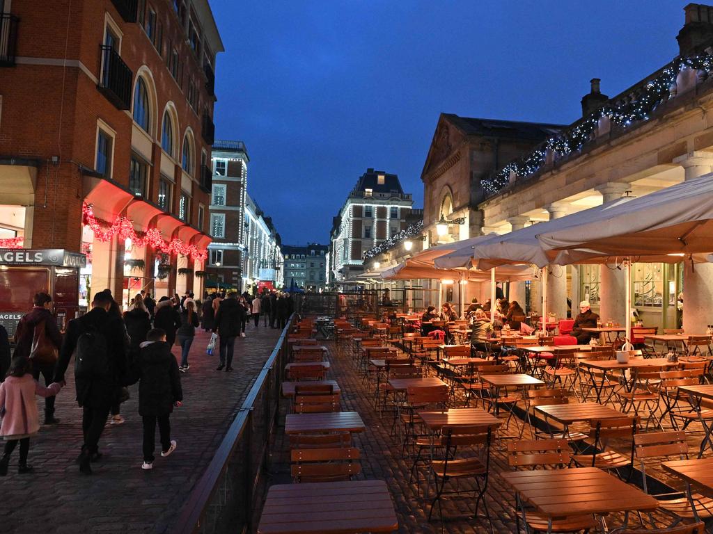 Empty seats and tables outside a bar in Covent Garden, London. Picture: Justin Tallis/AFP