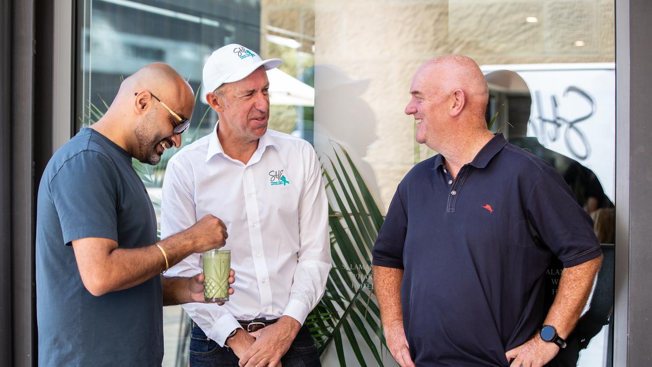 Farzi co-owner Varun Khetarpal, SHE chair Scott Harris, and THA CEO Steve Old ahead of the Tasmania JackJumpers teal game to support SHE. Picture: Linda Higginson