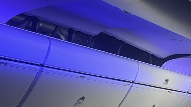 Damage to ceiling of a LATAM airlines’ Boeing 787 after a sudden loss of altitude during a flight from Sydney to Auckland. Picture: Brian Jokat