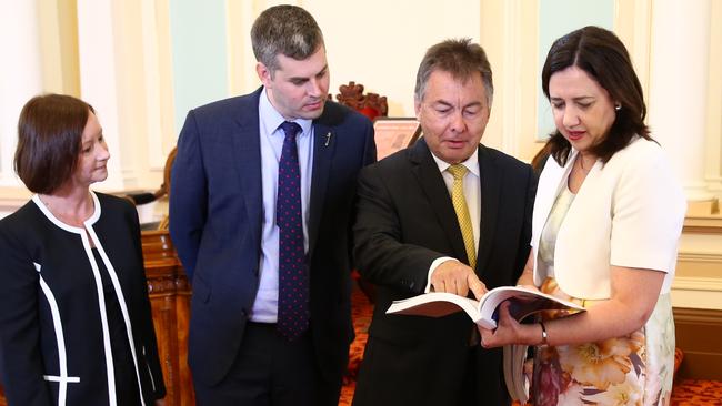 Premier Annastacia Palaszczuk, Attorney-General Yvette D'Ath and Police and Corrective Services Minister Mark Ryan join Walter Sofronoff QC to release his review into the Queensland Parole System and the Government's response, Parliament House, Brisbane. Photographer: Liam Kidston