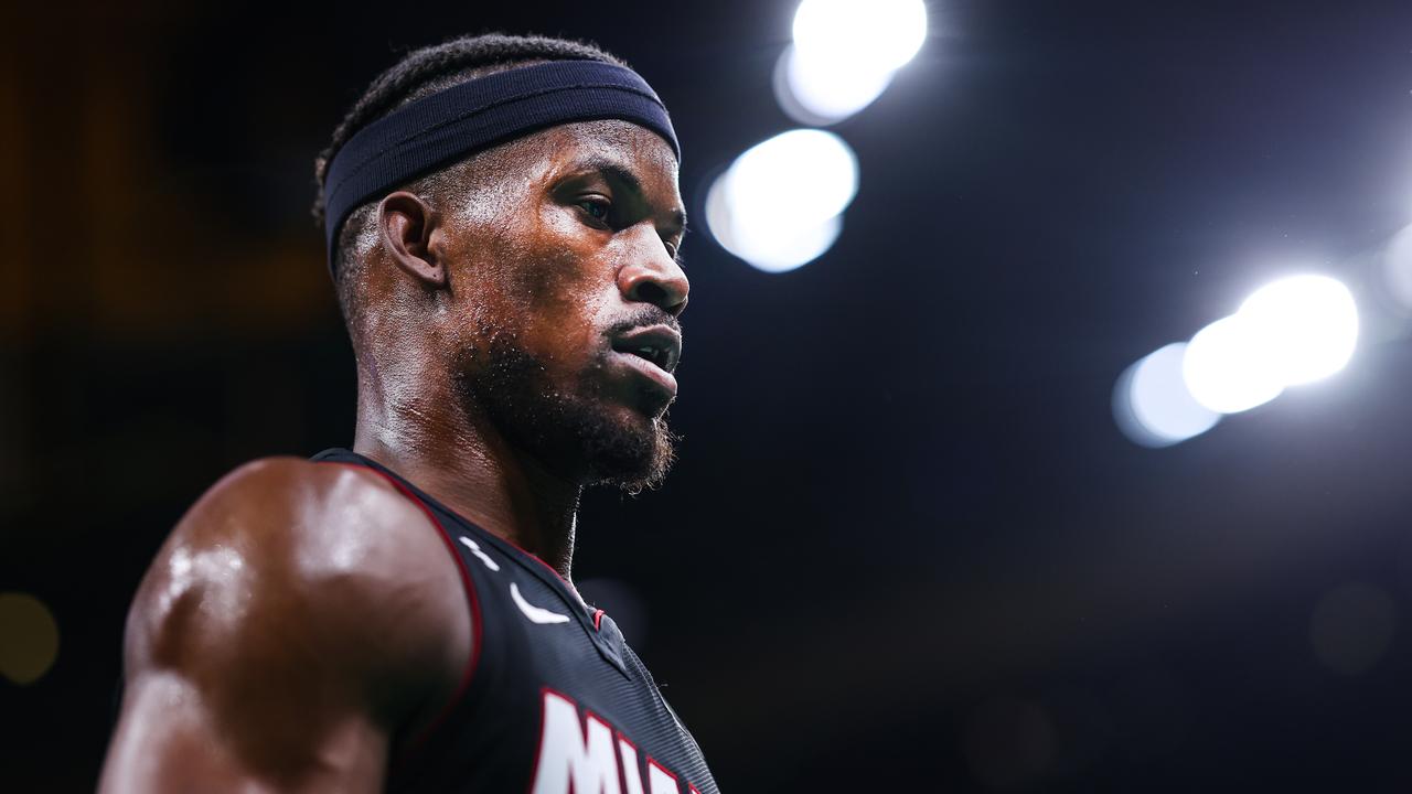 BOSTON, MASSACHUSETTS - MAY 25: Jimmy Butler #22 of the Miami Heat looks on against the Boston Celtics during the first quarter in game five of the Eastern Conference Finals at TD Garden on May 25, 2023 in Boston, Massachusetts. NOTE TO USER: User expressly acknowledges and agrees that, by downloading and or using this photograph, User is consenting to the terms and conditions of the Getty Images License Agreement. (Photo by Maddie Meyer/Getty Images)