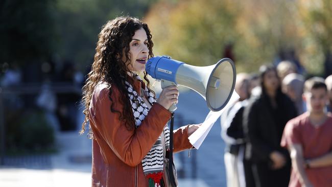 Dr Randa Abdel-Fattah speaks at a pro Palestine protest at Macquarie University in Sydney. Picture: Richard Dobson