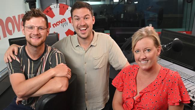 Nova 919 breakfast hosts Ben Harvey and Liam Stapleton, with guest newsreader Jodie Oddy. Picture: Keryn Stevens