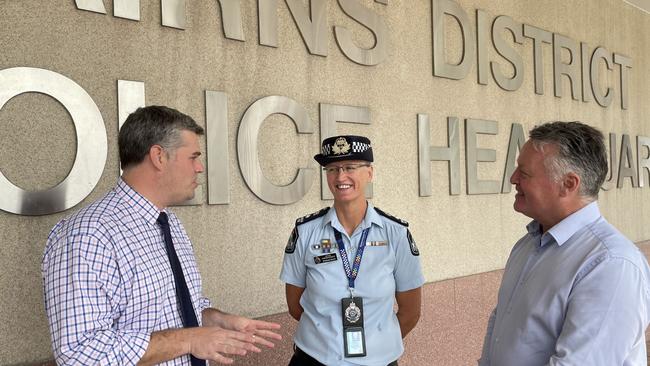 Police Minister Mark Ryan, acting Superintendent Monique Ralph and member for Cairns Michael Healy at the Cairns Police Station on Sheridan St in 2021. Picture: Jack Lawrie