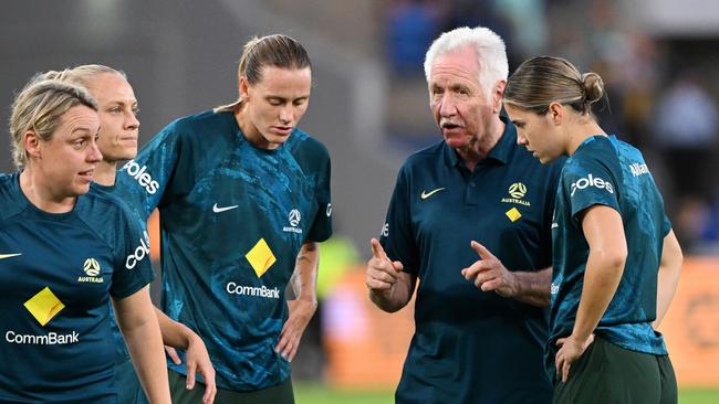 Interim Matildas coach Tom Sermanni (second from right) is unsure how long he’ll be in the job. Picture: Bradley Kanaris/Getty Images