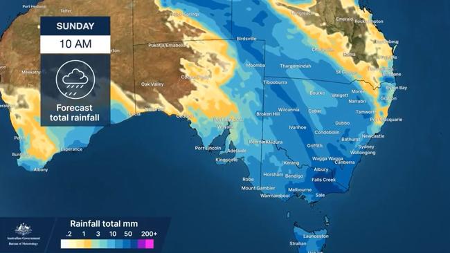 Heavy rainfall and potential flash flooding is expected to develop over the nation’s southeast states on Friday. Picture: Bureau of Meteorology