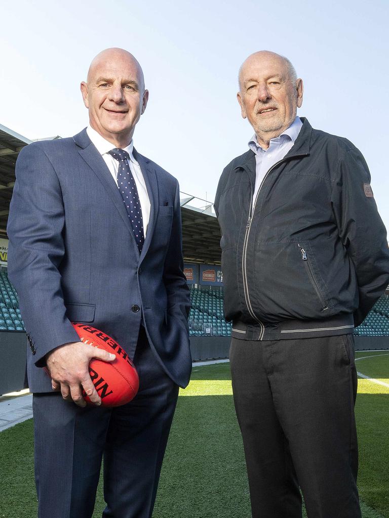 Tasmanian Premier Peter Gutwein and former Geelong President Colin Carter at UTAS Stadium, Launceston. Picture: Chris Kidd