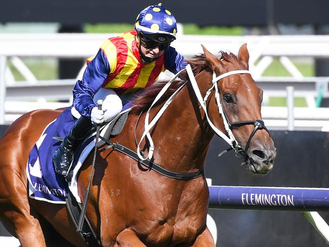 Nature Strip ridden by Jamie Kah wins the Black Caviar Lightning at Flemington Racecourse on February 13, 2021 in Flemington, Australia. (Reg Ryan/Racing Photos via Getty Images)