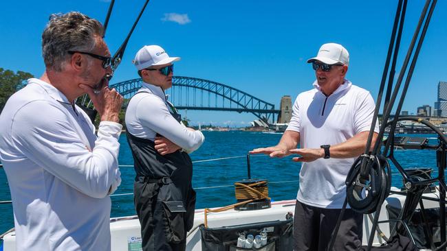 Skipper Christian Beck, son Indy Beck and sailing master Tony Mutter on LawConnect in the lead-up to the Sydney to Hobart.