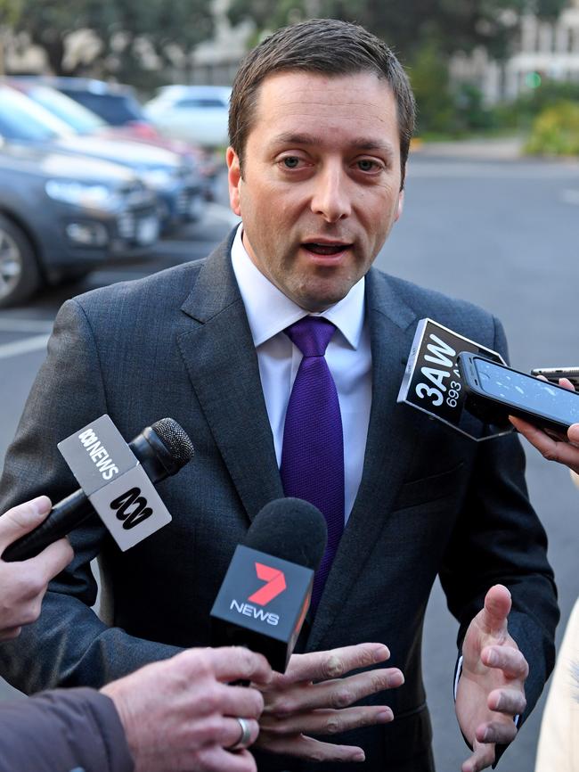 Victorian Opposition leader Matthew Guy says he was introduced to “cousin Tony” but had not recognised him. Picture: AAP/Joe Castro