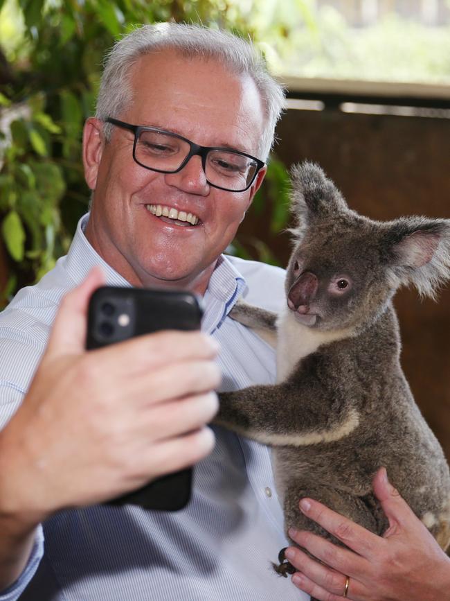 Prime Minister Scott Morrison takes a selfie with a koala at the Cairns Zoom and Wildlife Dome. Picture: Brendan Radke