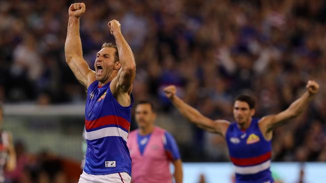 Travis Cloke celebrates his first goal as a Bulldog. Picture: Michael Klein