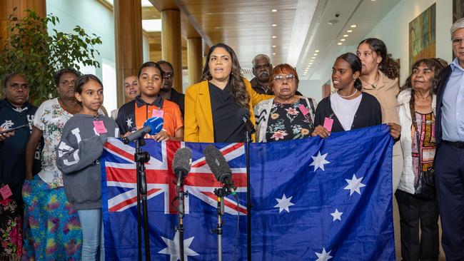 Senator Jacinta Nampijinpa Price and 22 Indigenous community leaders from as far away as Ngukurr in the NT make their case for the No campaign: Picture: Gary Ramage