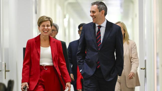 Senator Jenny McAllister and federal Treasurer Jim Chalmers arrive on Friday for Labor’s caucus meeting at Parliament House in Canberra. Picture: NewsWire / Martin Ollman