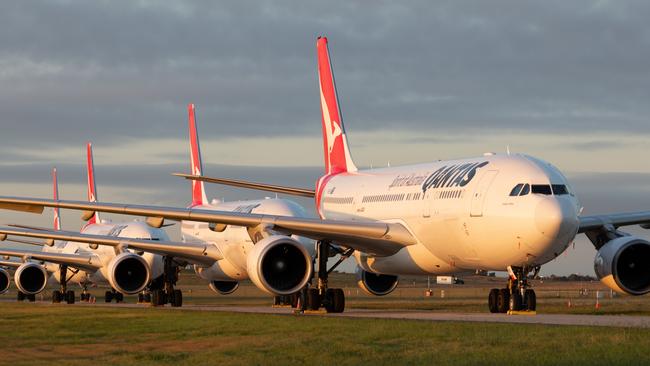 Qantas A330's sit grounded at Avalon Airport in Victoria. Picture: Chung Choo