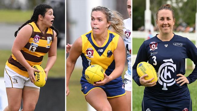 QAFLW stars Lucy Thompson (Aspley), Courtney Sexton (Bond) and Sally Young (Coorparoo). Pictures: Highflyer Images and Lyndon Mechielsen/Courier Mail.