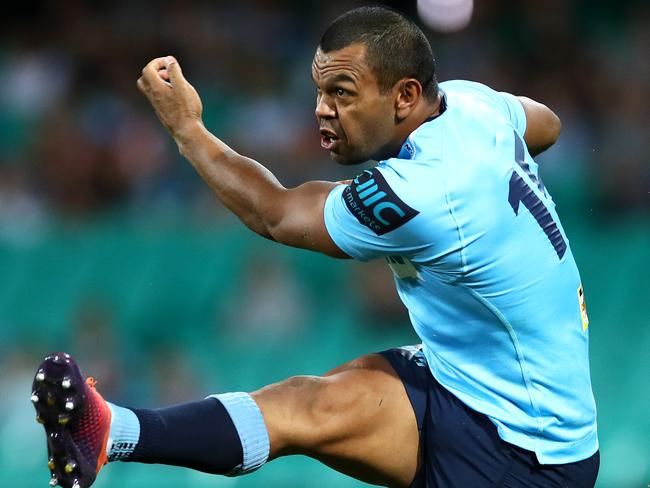 Waratahs fullback Kurtley Beale kicks against the Rebels on Saturday night. Picture: Getty Images