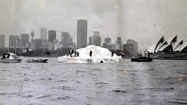 Dick Smith’s ‘iceberg’ is towed into Sydney Harbour as part of his 1975 April Fools' Day prank.