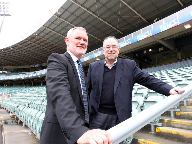 Launceston Mayor Albert van Zetten, left, and University of Tasmania Provost Mike Calford at Aurora Stadium, which will soon be renamed University of Tasmania Stadium. Picture: BRUCE MOUNSTER