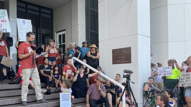 Protesters rally at a Freedom event on the Darwin Esplanade. Picture: Thomas Morgan