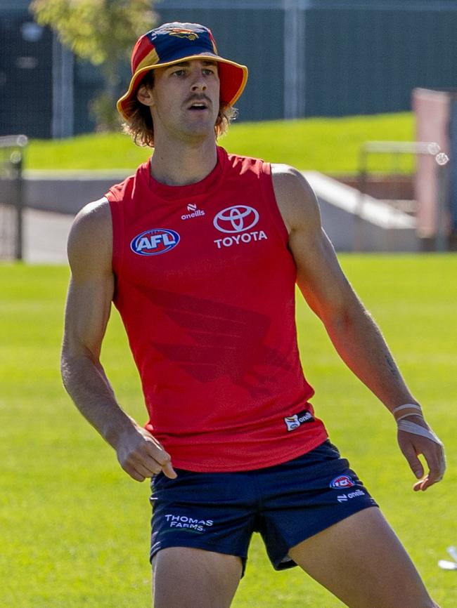 Recruit James Peatling, and his bucket hat, have caught the eye at Crows pre-season training. Picture: Ben Clark