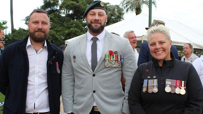 At the Sandgate Dawn Service were David Jeffries of Narangba (8/9RAR), Dean Gollan of Bray Park (6RAR) and Dianne Wallace (who served in Timor-Leste). Picture: Michelle Smith