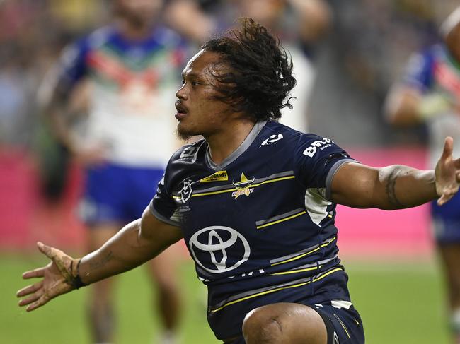 TOWNSVILLE, AUSTRALIA - AUGUST 19:  Luciano Leilua of the Cowboys celebrates after scoring a try  during the round 23 NRL match between the North Queensland Cowboys and the New Zealand Warriors at Qld Country Bank Stadium, on August 19, 2022, in Townsville, Australia. (Photo by Ian Hitchcock/Getty Images)