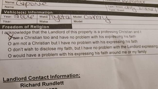 The landlord asked about religion on the bizarre form.