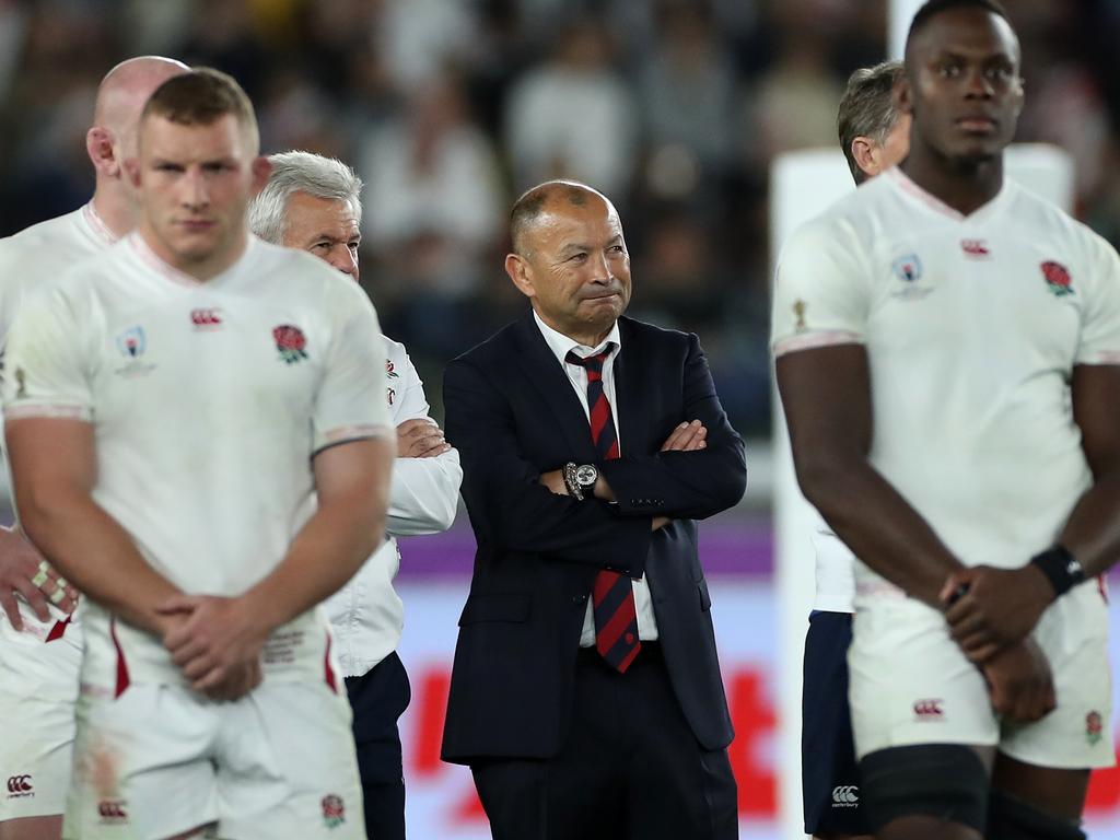 YOKOHAMA, JAPAN - NOVEMBER 02:  Eddie Jones, the England head coach, looks dejected after their defeat during the Rugby World Cup 2019 Final between England and South Africa at International Stadium Yokohama on November 02, 2019 in Yokohama, Kanagawa, Japan. (Photo by David Rogers/Getty Images)