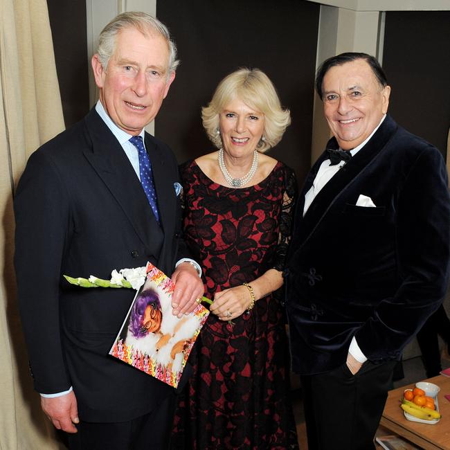 King Charles, Queen Consort Camilla, Duchess and Barry Humphries in 2013. Picture: Getty Images