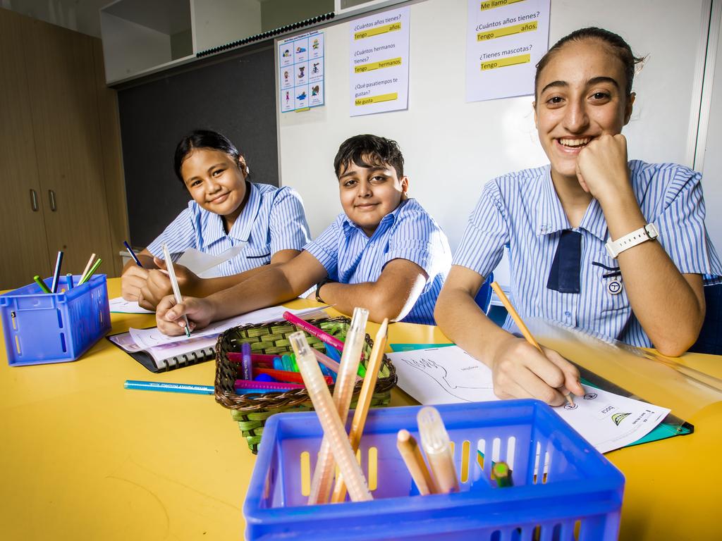 St Francis College Year 6 students losalina Vaimili, Toalepai Aarambh and Prasad Marimar Hashisho. Picture: Nigel Hallett