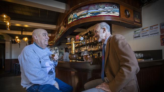 Tasmanian MP Guy Barnett (right) with Garry Ivory, nephew of Teddy Sheean, who has been recommended by the Prime Minister to be awarded a posthumous Victoria Cross. Both of them celebrating at The Whaler in Salamanca Place, Hobart. Picture: LUKE BOWDEN